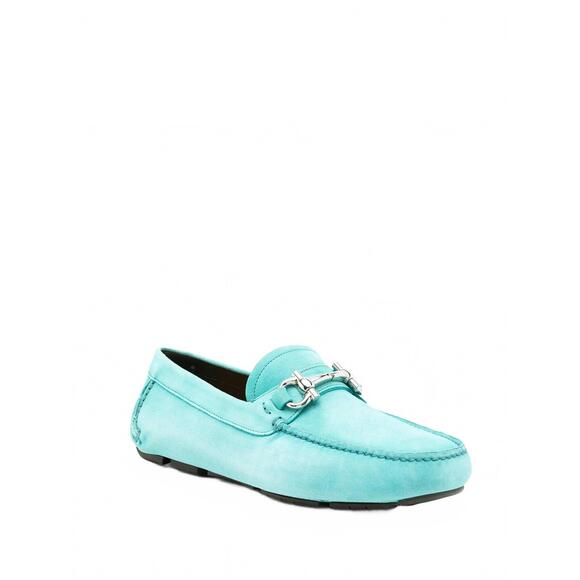 NEW SALVATORE FERRAGAMO men\'s gancini leather loafer in turquoise